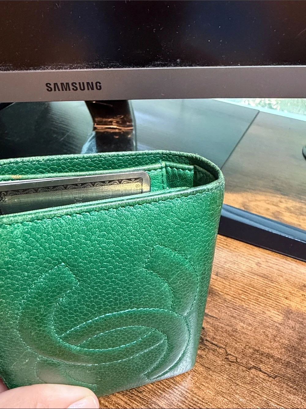 CHANEL Green Quilted CC Leather Wallet